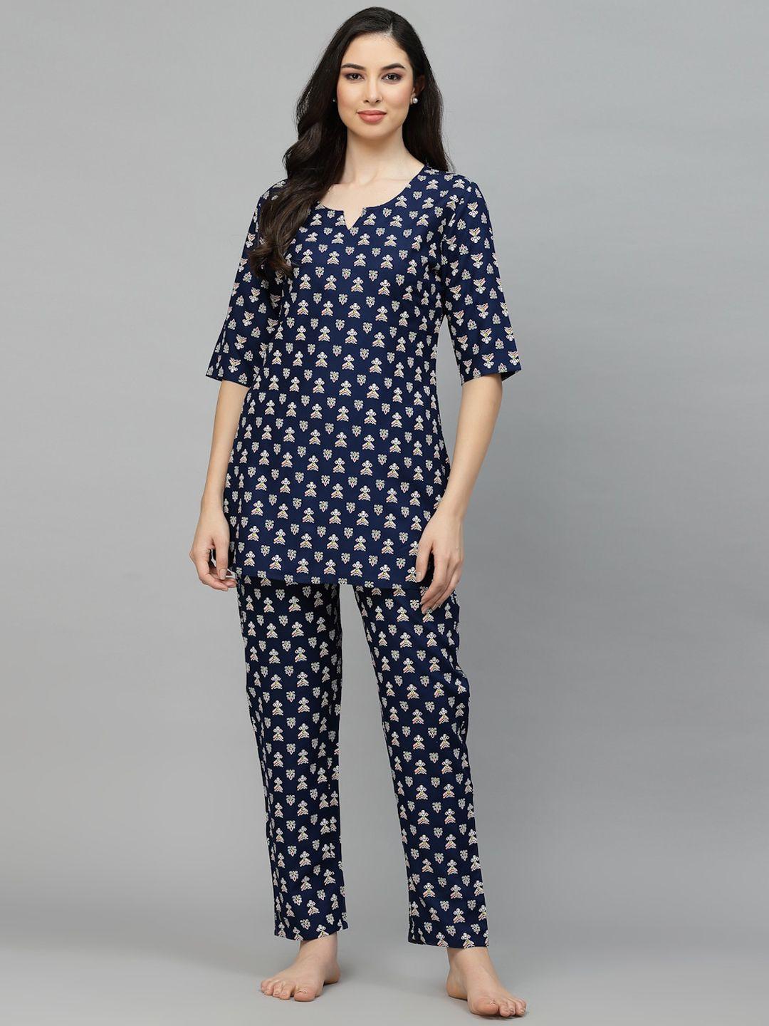 stylum navy blue ethnic motifs printed night suit