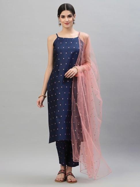 stylum navy printed kurta pant set with dupatta