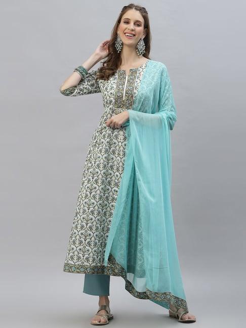 stylum off-white & sky blue floral print kurta pant set with dupatta
