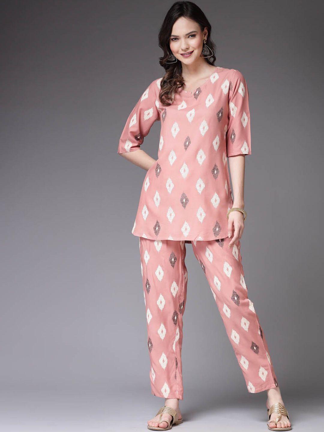 stylum peach coloured ikat printed top with trousers