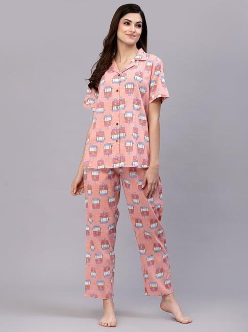 stylum peach cotton printed shirt pyjama set