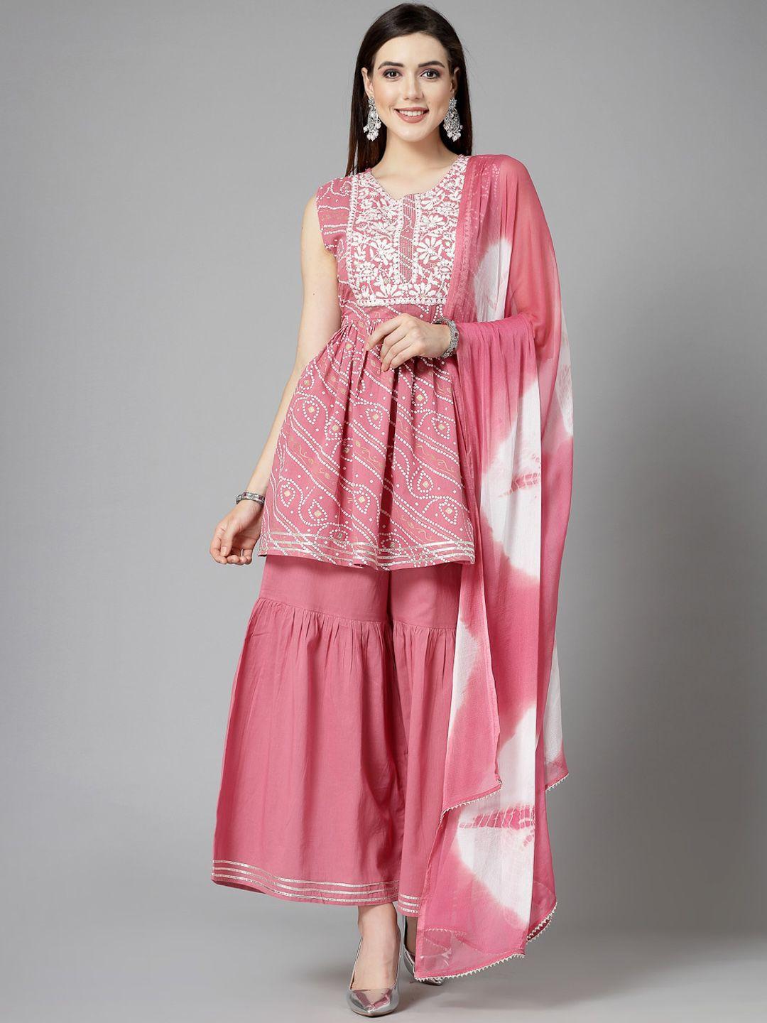 stylum pink bandhani printed thread work pure cotton a-line kurta with sharara & dupatta