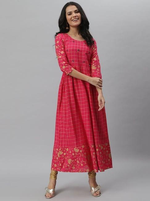 stylum pink chequered a line kurta