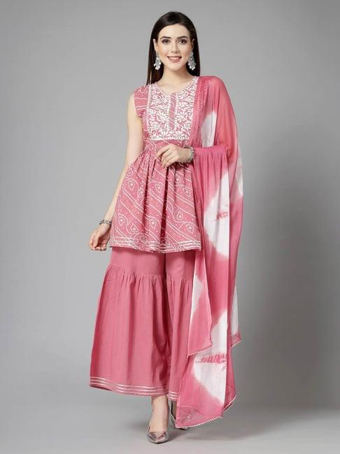 stylum pink cotton embroidered kurta with sharara & dupatta