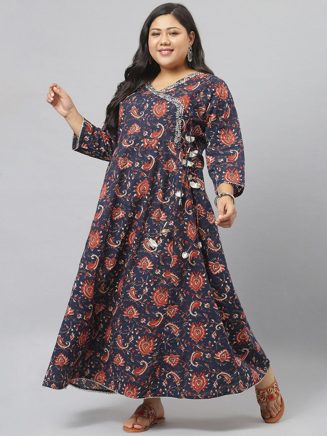 stylum plus size women blue & red floral printed gotta patti pure cotton anarkali kurta