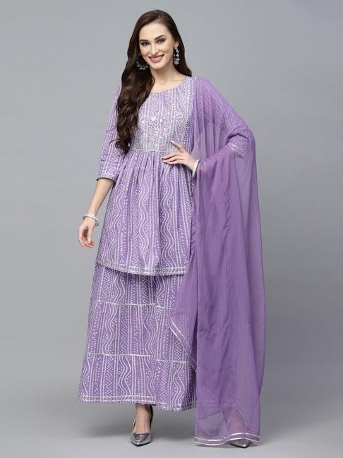 stylum purple bandhani print kurti sharara set with dupatta