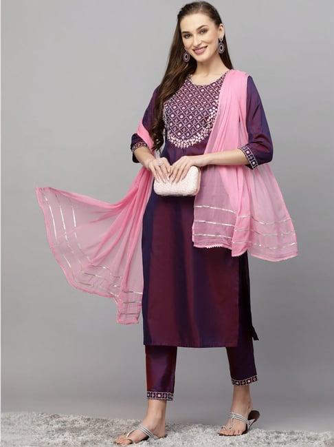 stylum purple embroidered kurta & pant set with dupatta