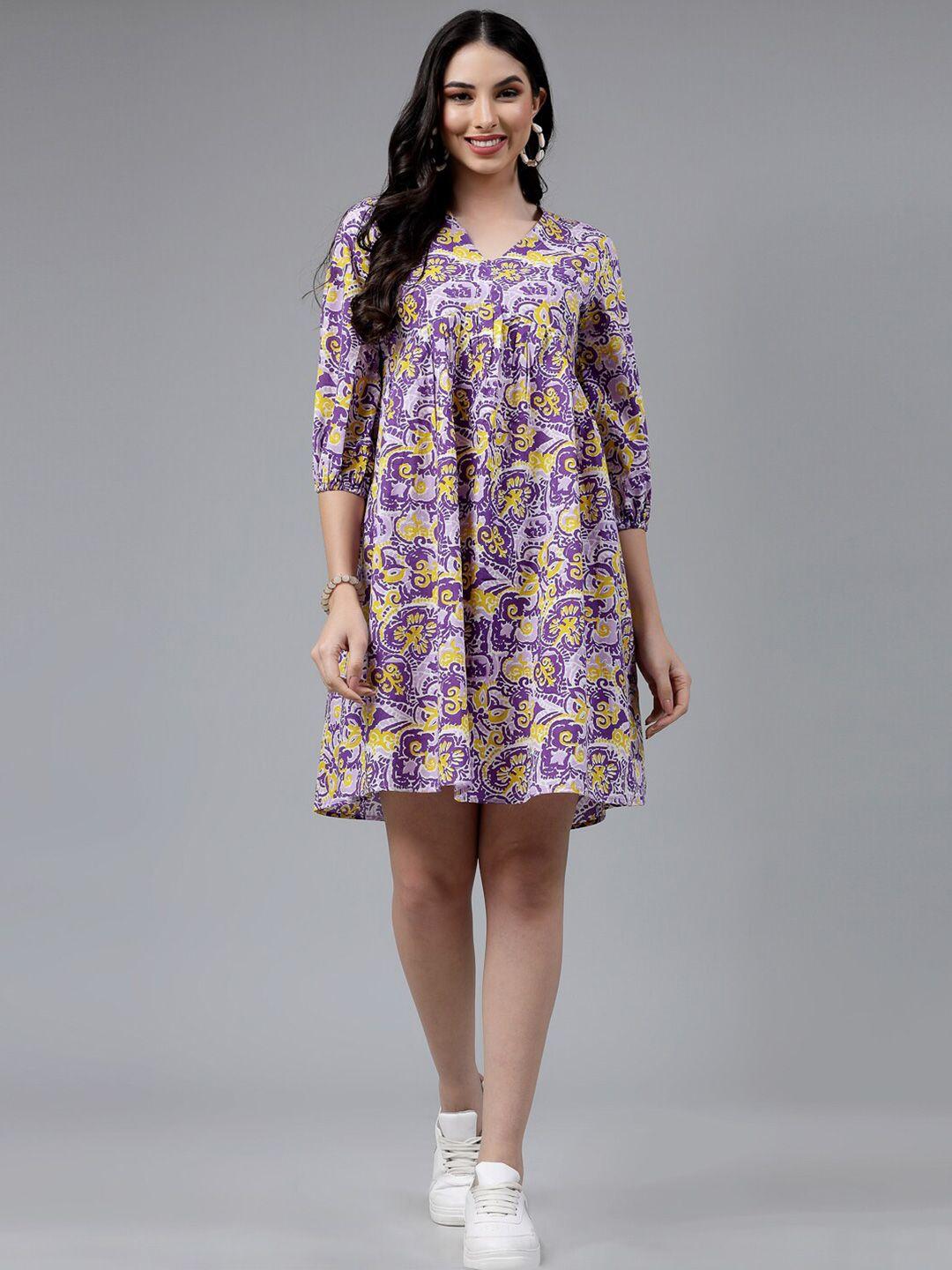 stylum purple ethnic motifs printed v-neck puff sleeve pure cotton a-line dress