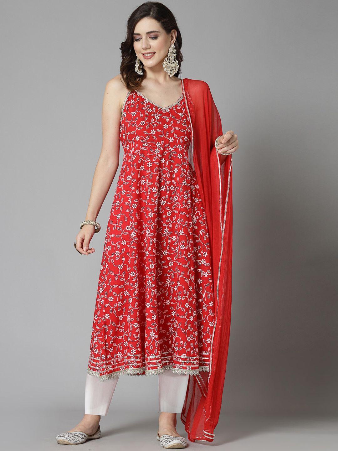 stylum red floral printed anarkali kurta & trousers with dupatta