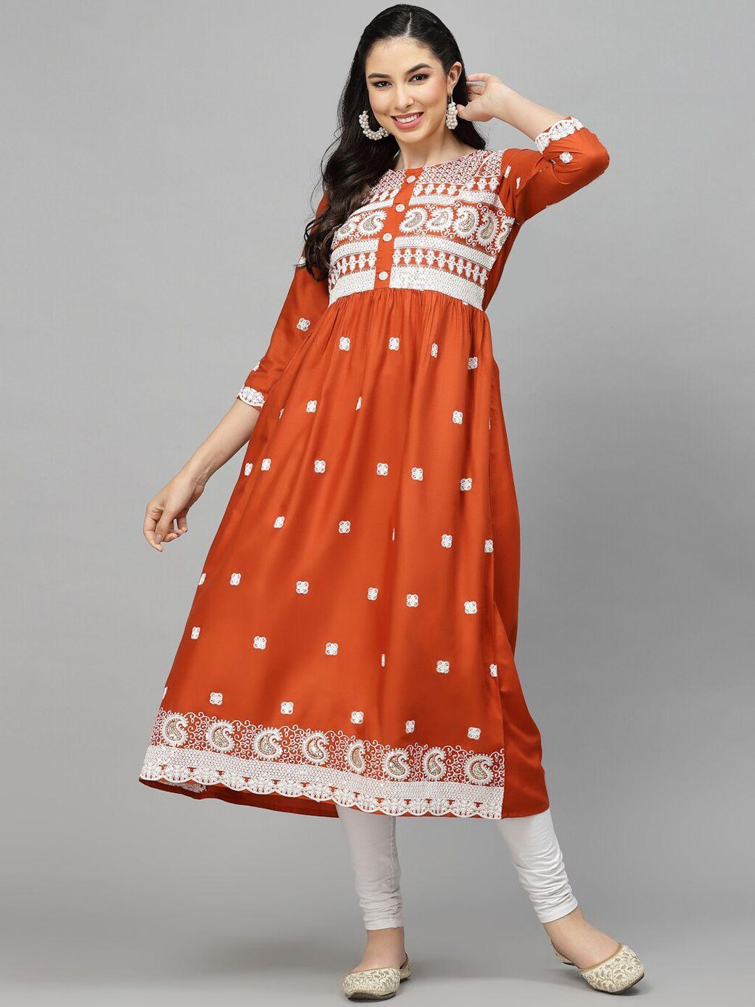 stylum rust ethnic motifs embroidered round neck thread work a-line kurta