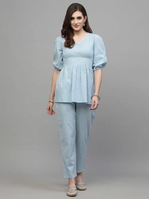 stylum sky blue cotton striped tunic pant set