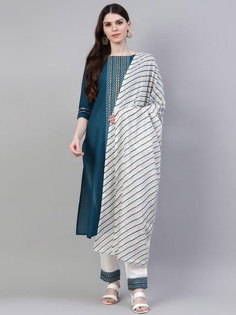 stylum teal blue & off-white printed kurta pant set with dupatta