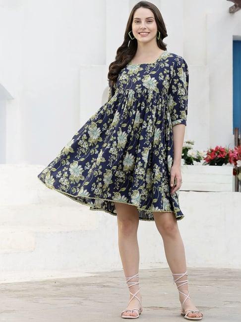 stylum teal blue cotton floral print a-line dress