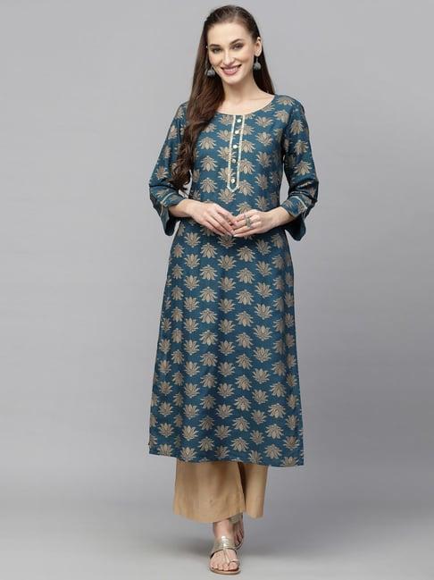 stylum teal blue floral print straight kurta