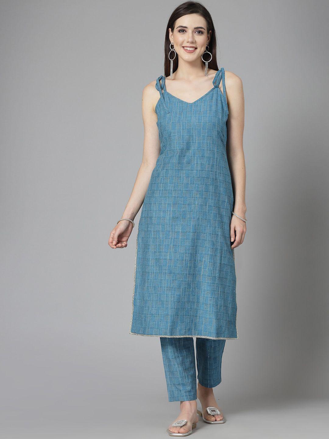 stylum teal checked woven design kurta with trousers