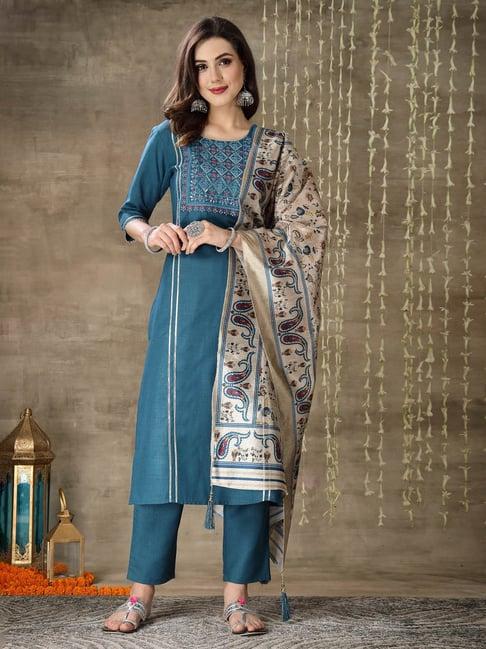 stylum teal embroidered kurta with pant & dupatta