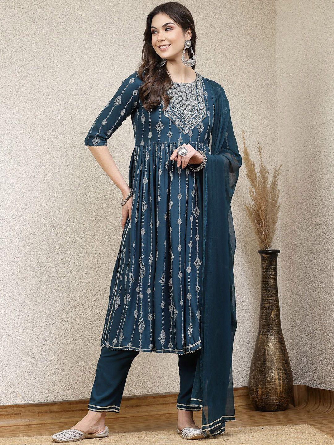 stylum teal ethnic motifs printed empire a line kurta with trouser & dupatta