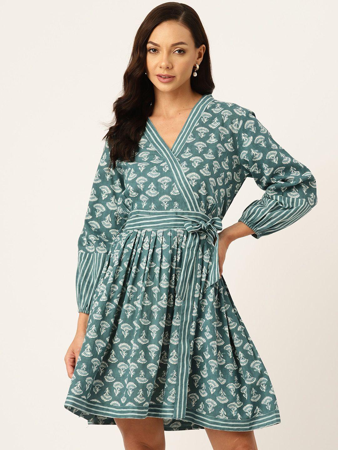 stylum teal floral print puff sleeve fit & flare dress