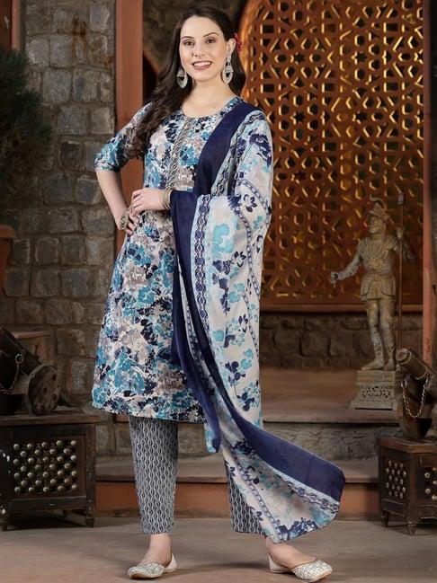 stylum turquoise & white floral print kurta & pant set with dupatta