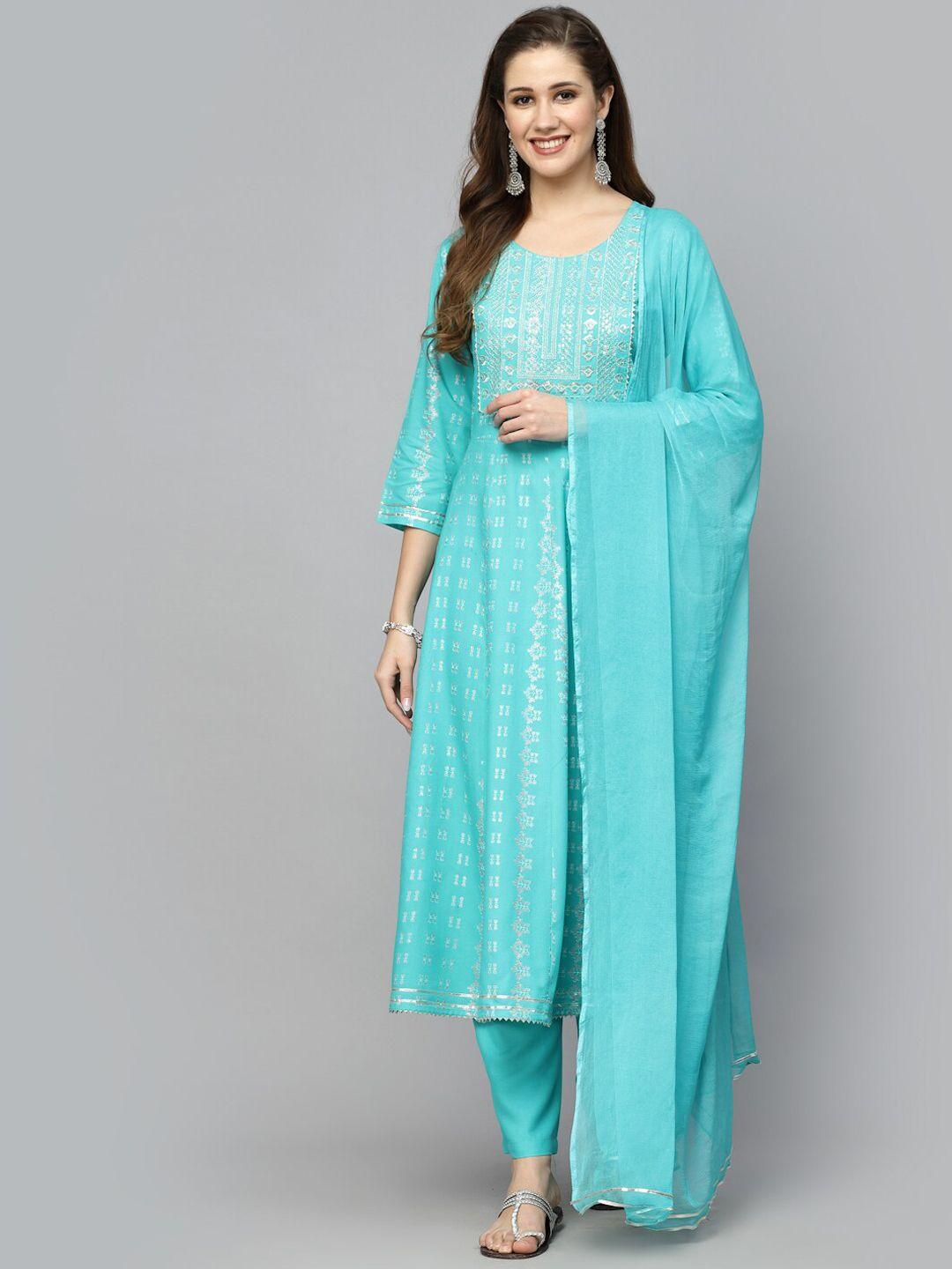 stylum turquoise blue & silver printed sequinned empire kurta with trousers & dupatta