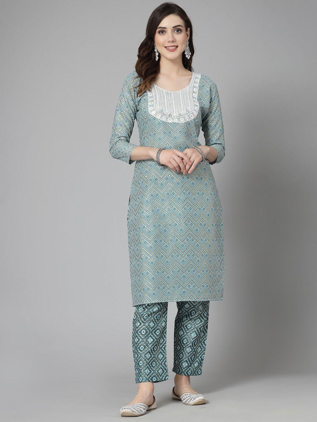 stylum turquoise blue geomeric printed regular straight kurta with trousers