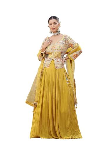 stylum women's solid & embroidered georgette lehenga dupatta with blouse (lehmustardbeann36_mustard, s)