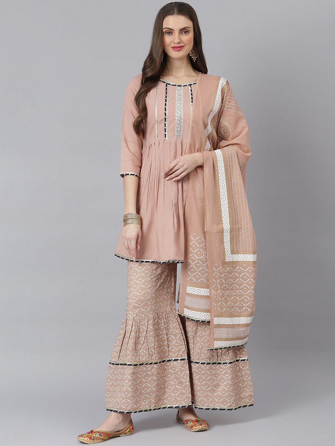 stylum women beige yoke design gotta patti a-line kurta with sharara & dupatta