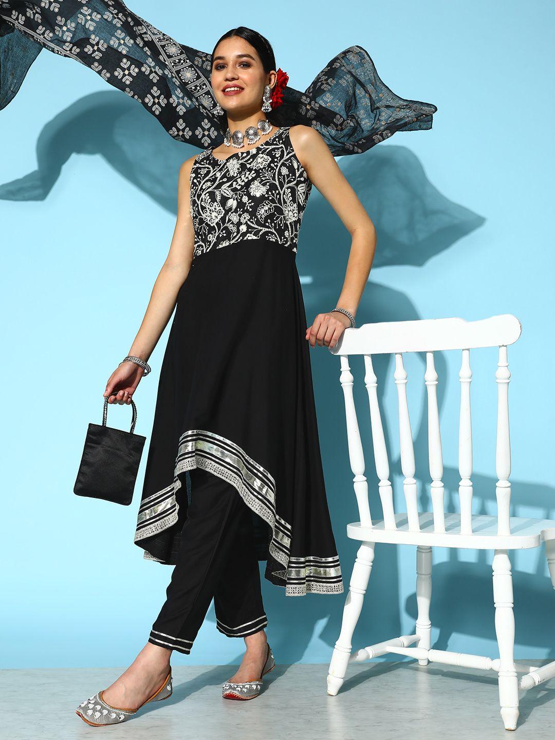 stylum women black floral embroidered mirror work kurta with trousers & with dupatta