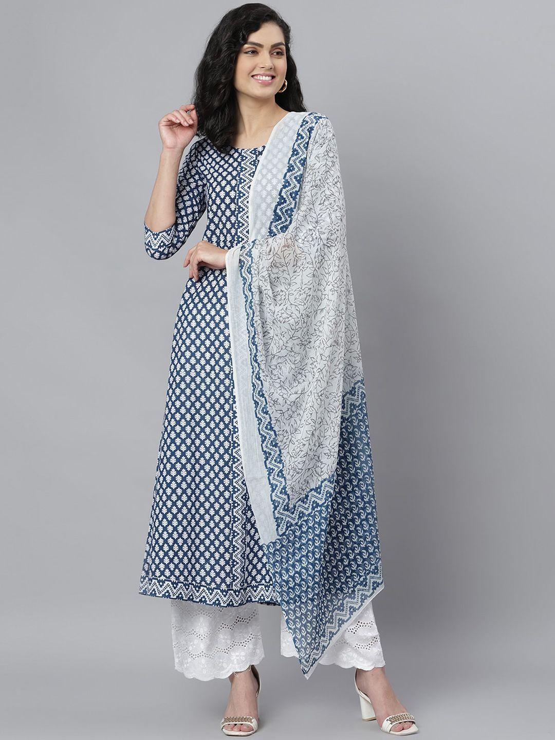 stylum women blue & white geometric printed pure cotton kurta with dupatta