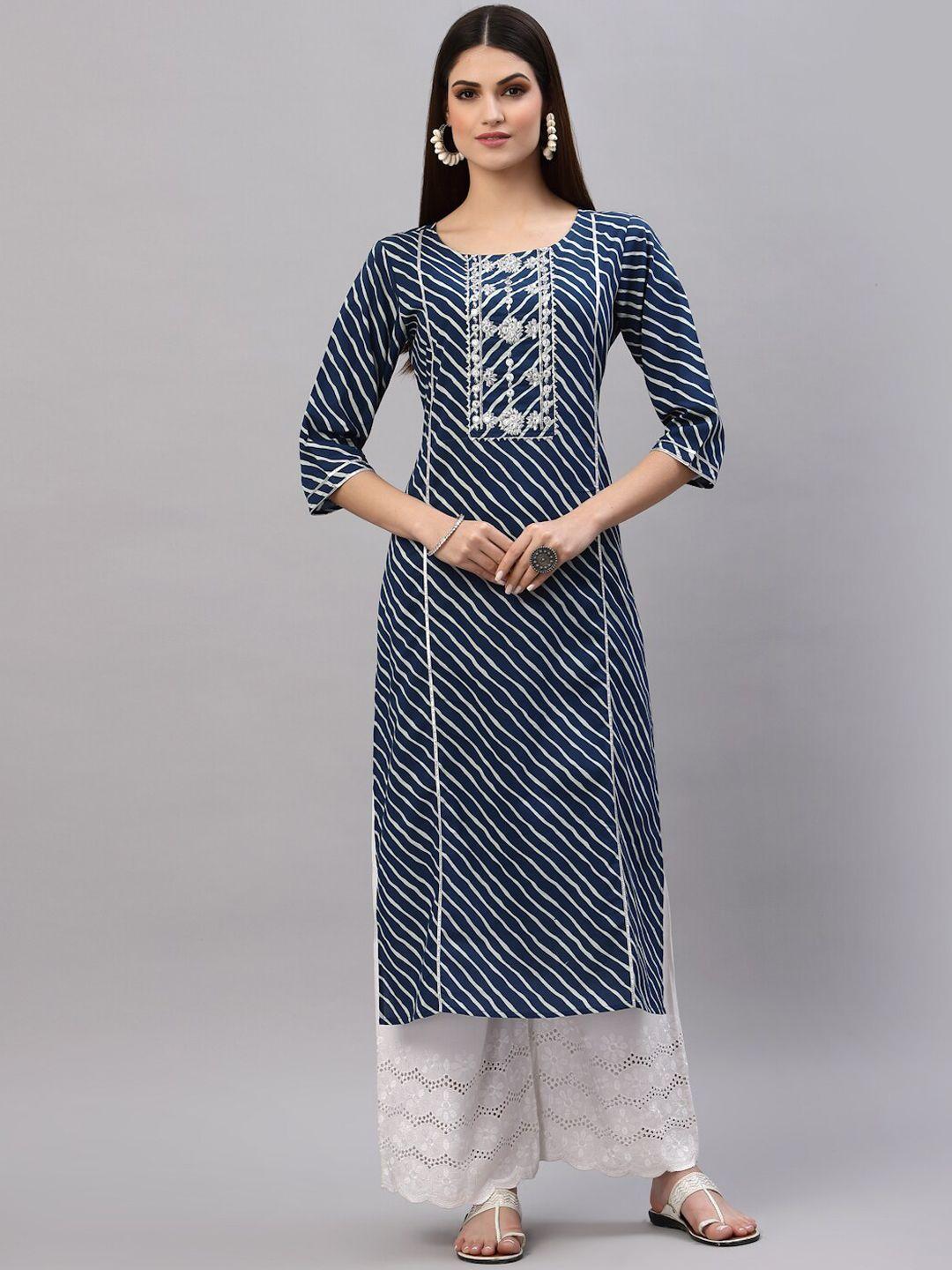 stylum women blue & white leheriya striped thread work kurta
