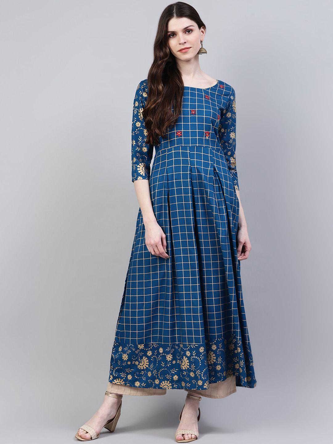 stylum women blue checked thread work anarkali kurta