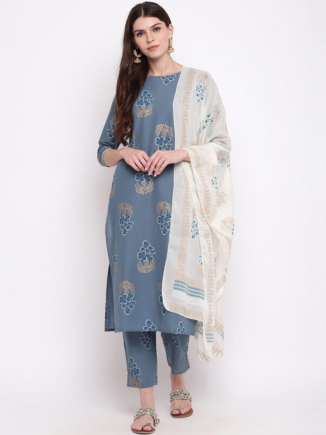 stylum women blue ethnic motifs printed pure cotton kurta with trousers & with dupatta