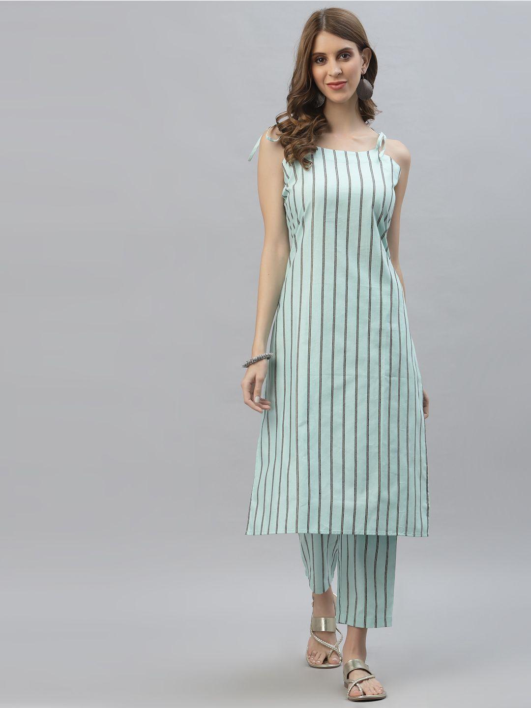 stylum women blue striped pleated kurti with trousers