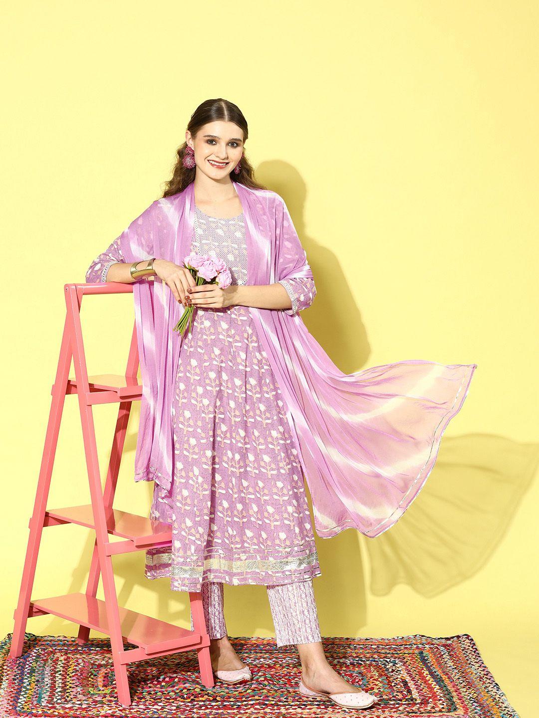 stylum women floral embroidered empire mirror work cotton kurta with trousers & dupatta