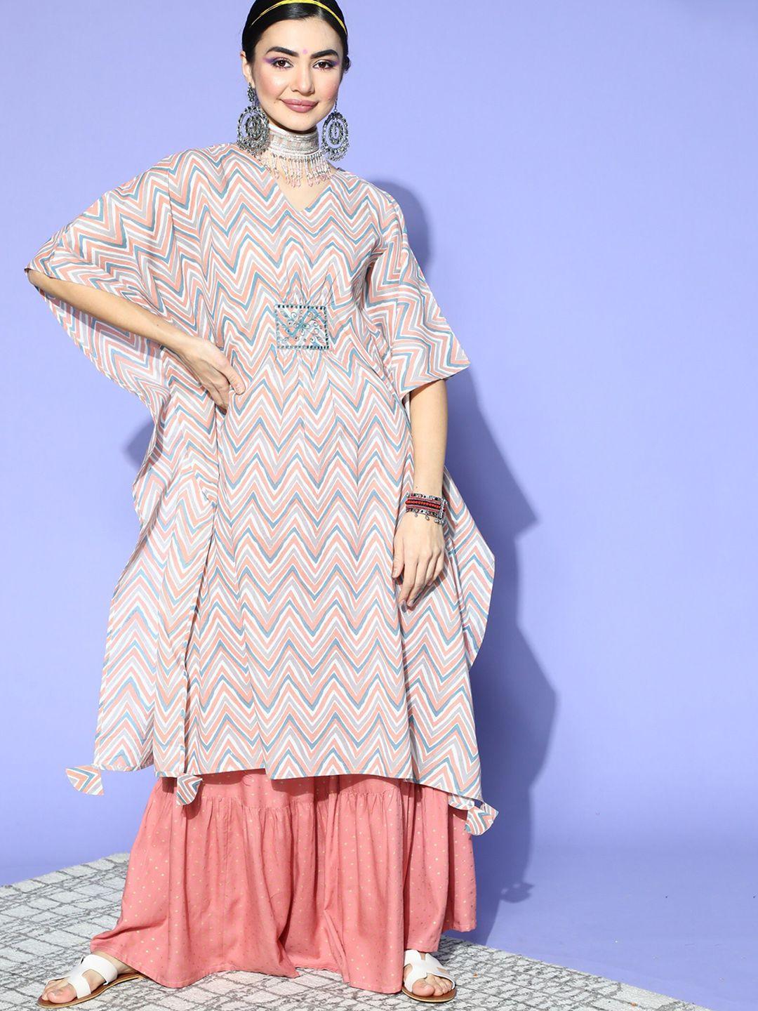 stylum women geometric printed flared sleeves pure cotton kaftan kurta