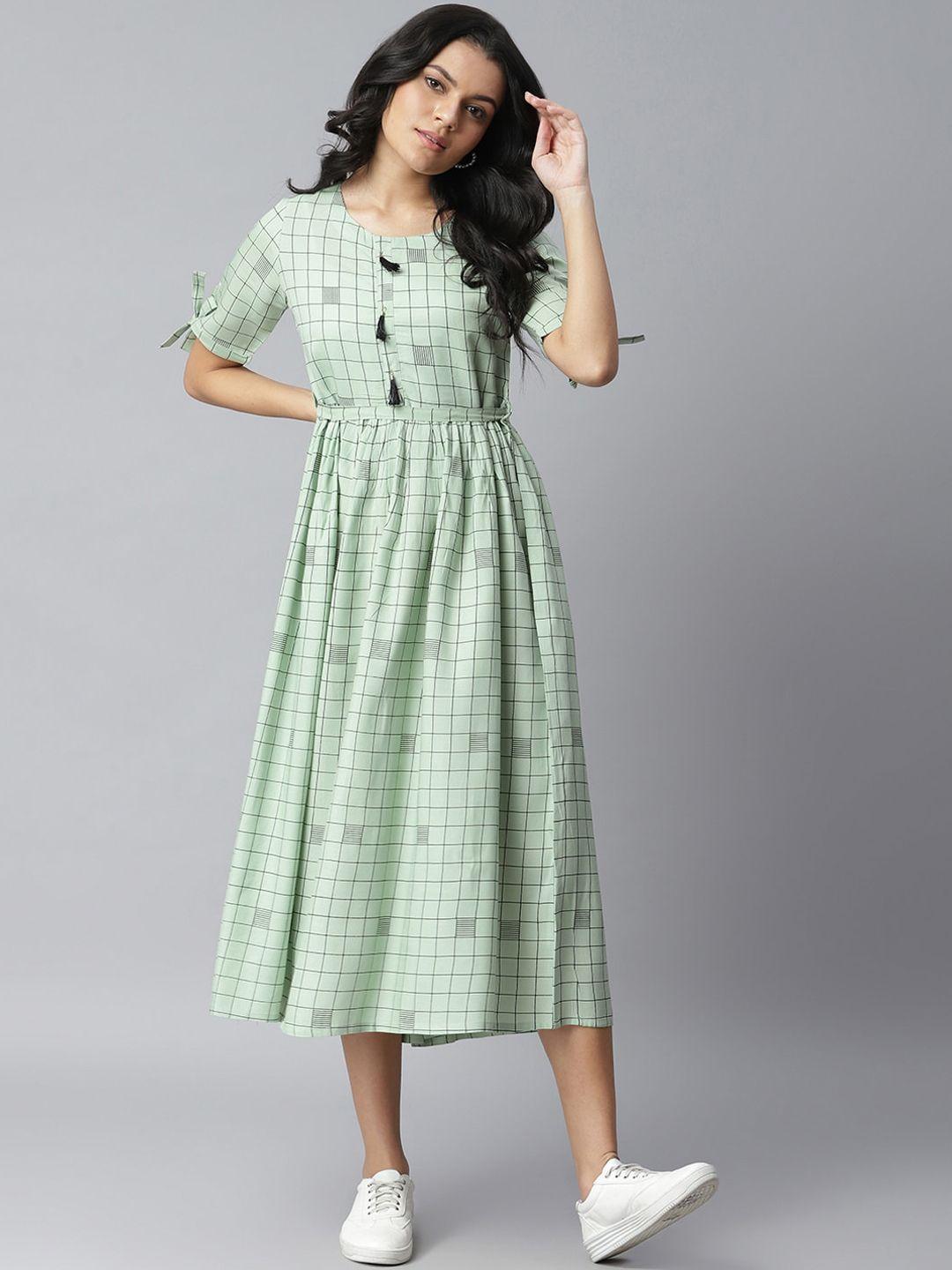 stylum women green & black checked midi dress