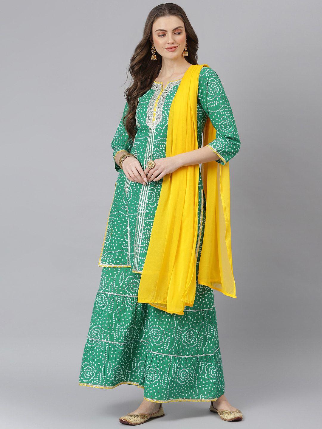 stylum women green embroidered pure cotton kurta with sharara & with dupatta