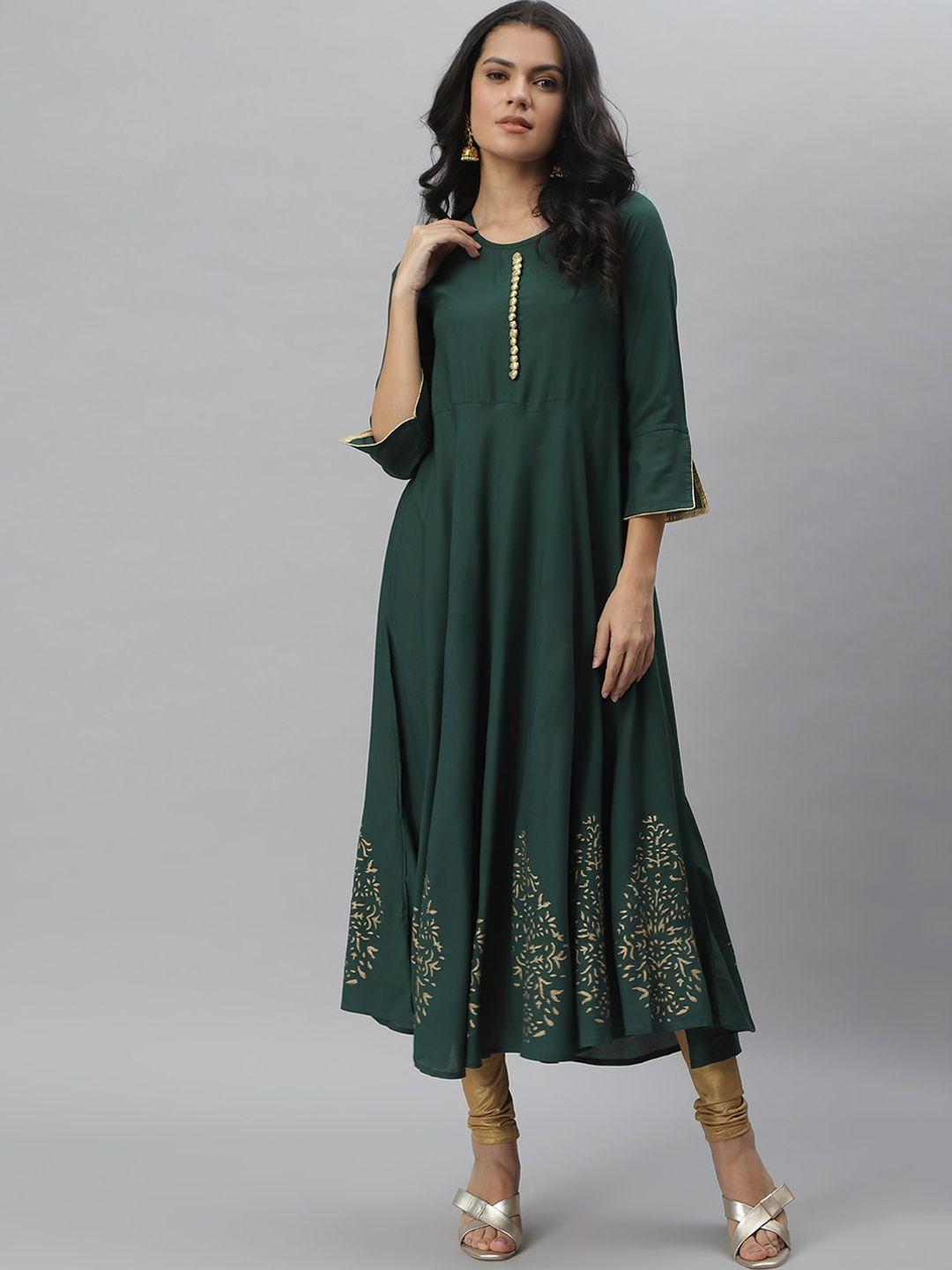 stylum women green ethnic motif block printed a-line kurta