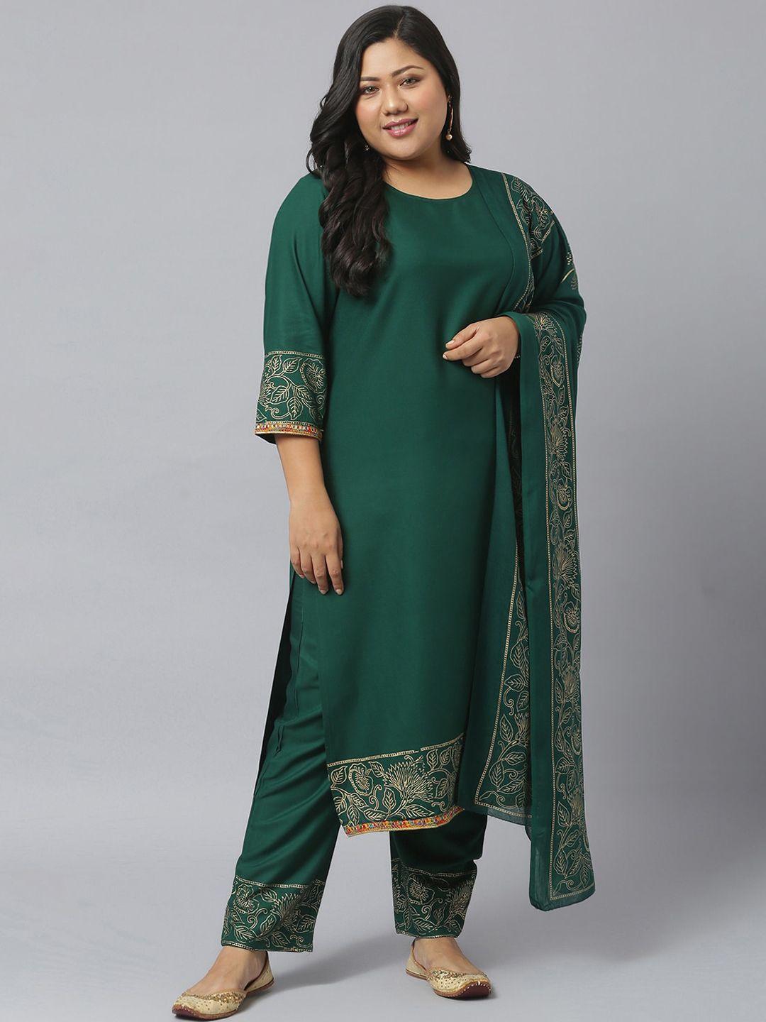 stylum women green floral embroidered kurta & trousers with dupatta