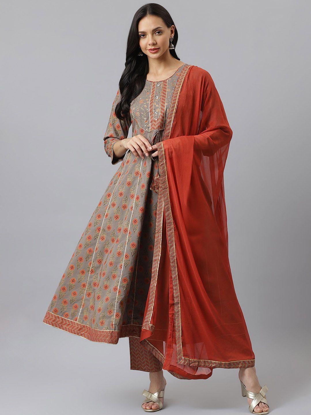 stylum women grey & brown floral printed pleated pure cotton kurta with trousers & dupatta