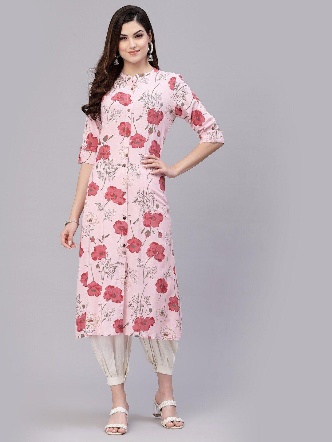 stylum women light pink floral printed rolled up sleeves screen print a line kurta