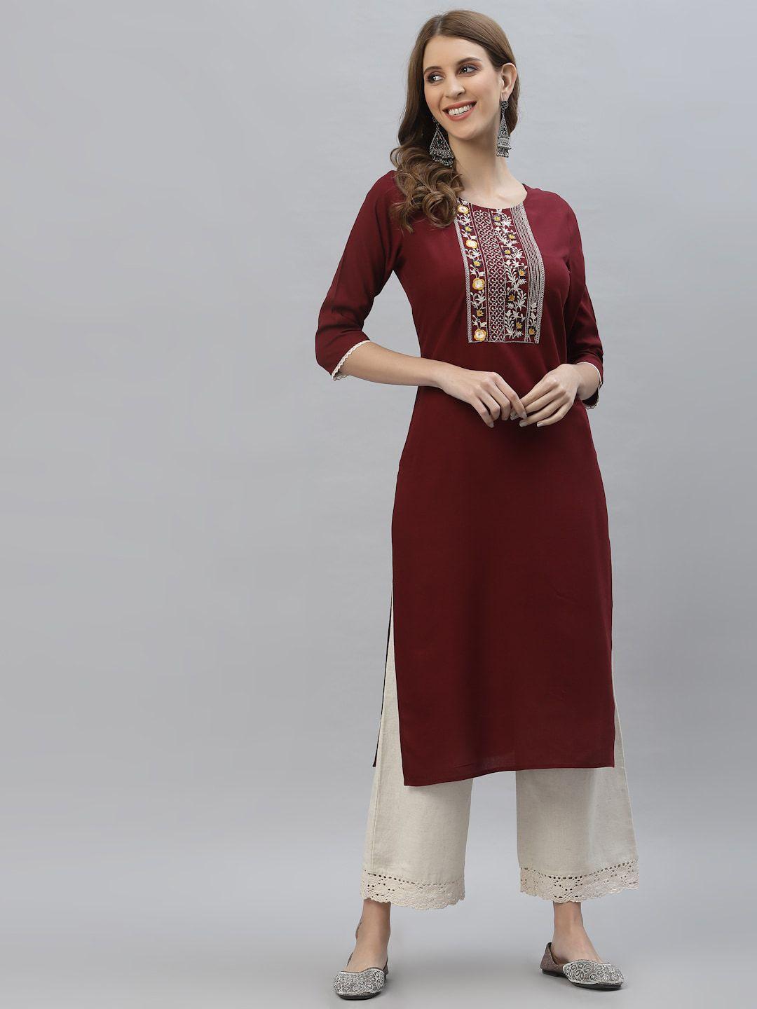 stylum women maroon & white floral embroidered thread work kurta