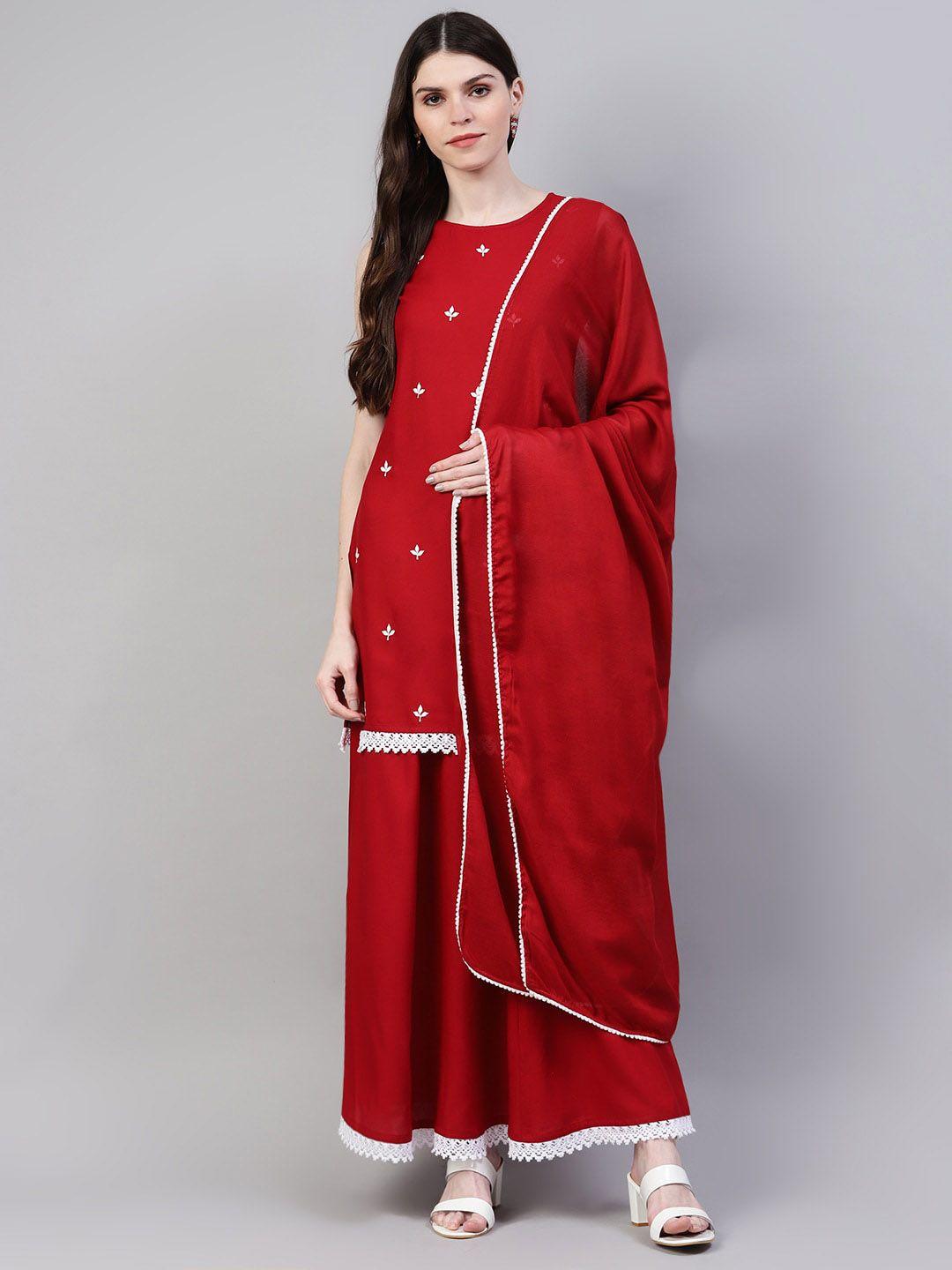 stylum women maroon ethnic motifs printed kurti with skirt & with dupatta