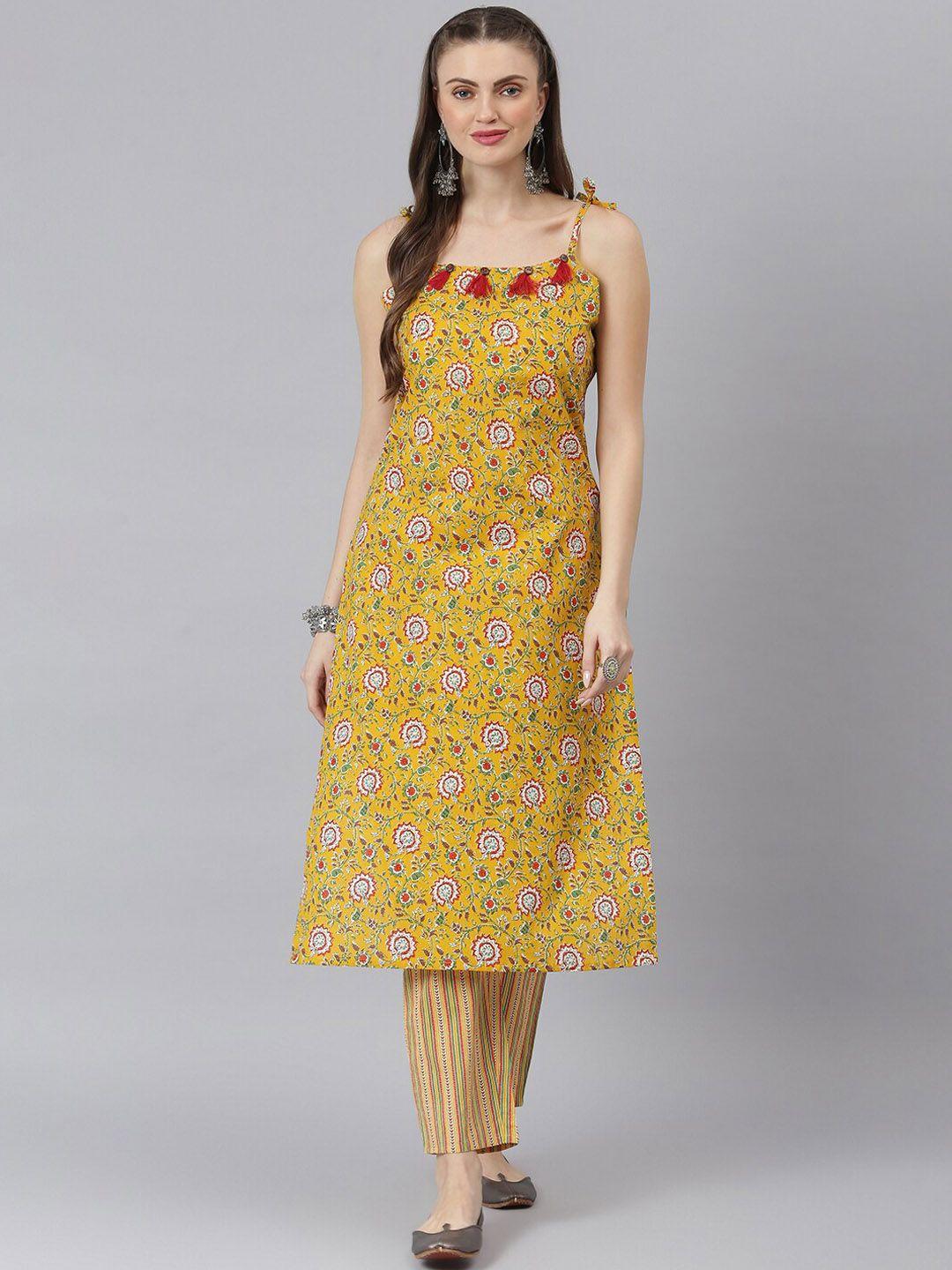 stylum women mustard yellow ethnic motifs embroidered panelled pure cotton kurti with trousers