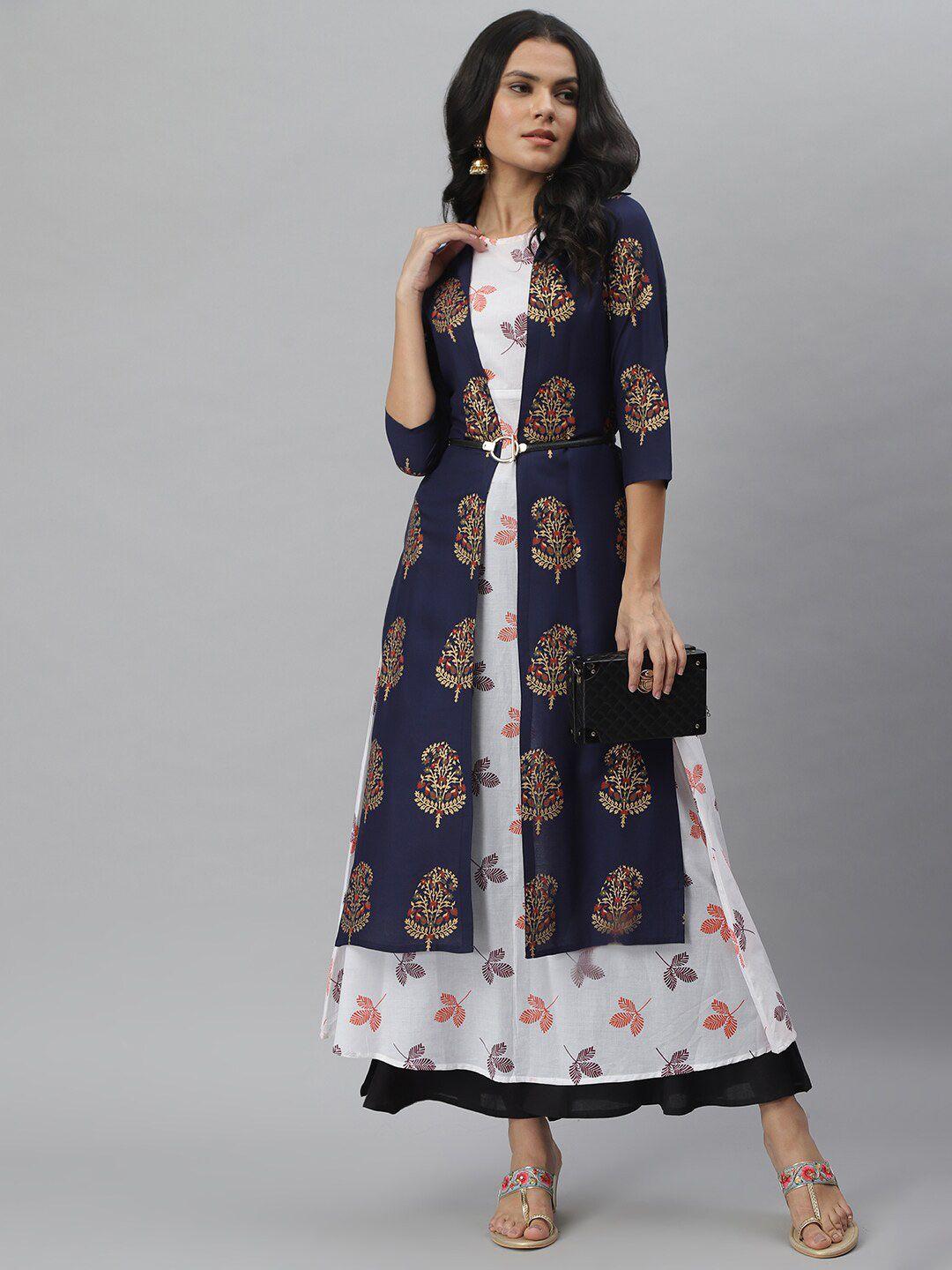 stylum women navy blue & white ethnic motifs printed layered kurta