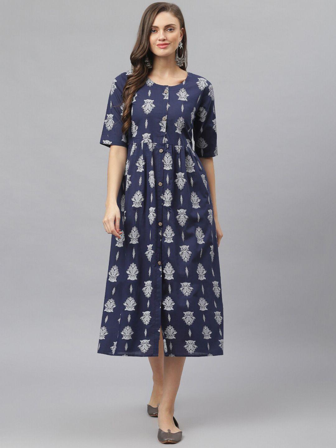 stylum women navy blue & white pure cotton ethnic motifs a-line midi dress