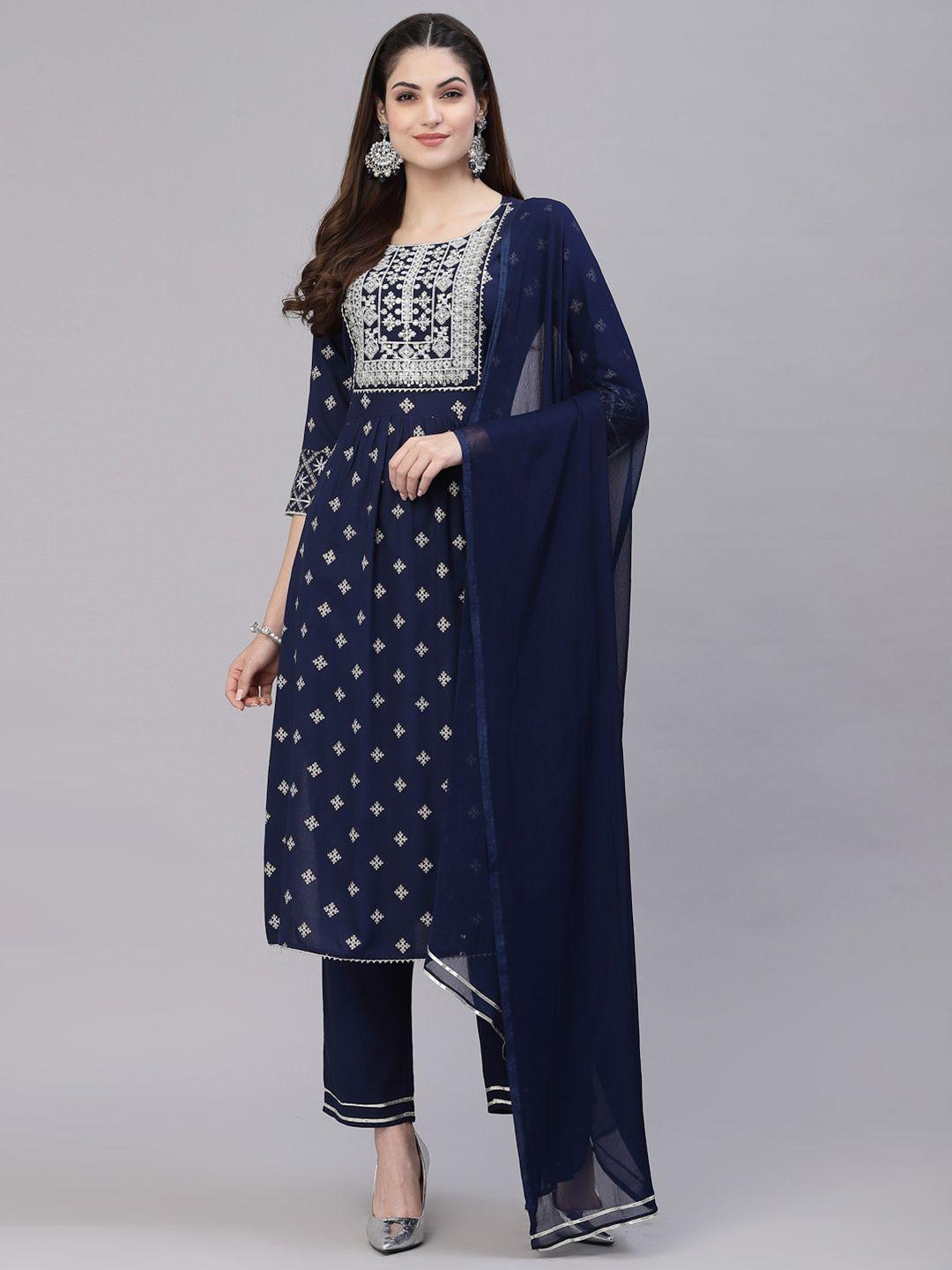 stylum women navy blue ethnic motifs printed thread work kurta set with dupatta