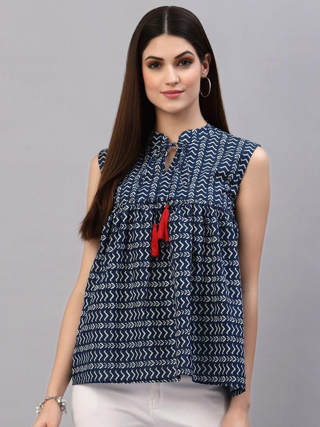 stylum women navy blue geometric print tie-up neck peplum top