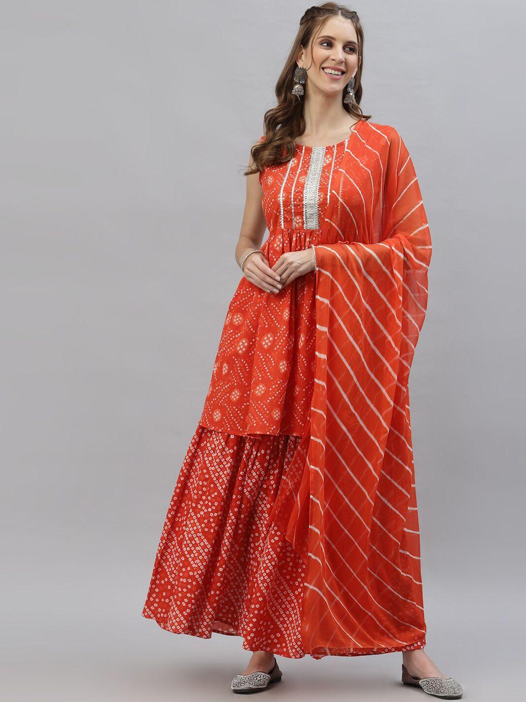 stylum women orange ethnic motifs printed pure cotton kurta with churidar & with dupatta