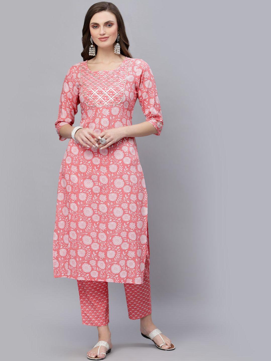 stylum women peach-coloured floral printed kurta with trousers